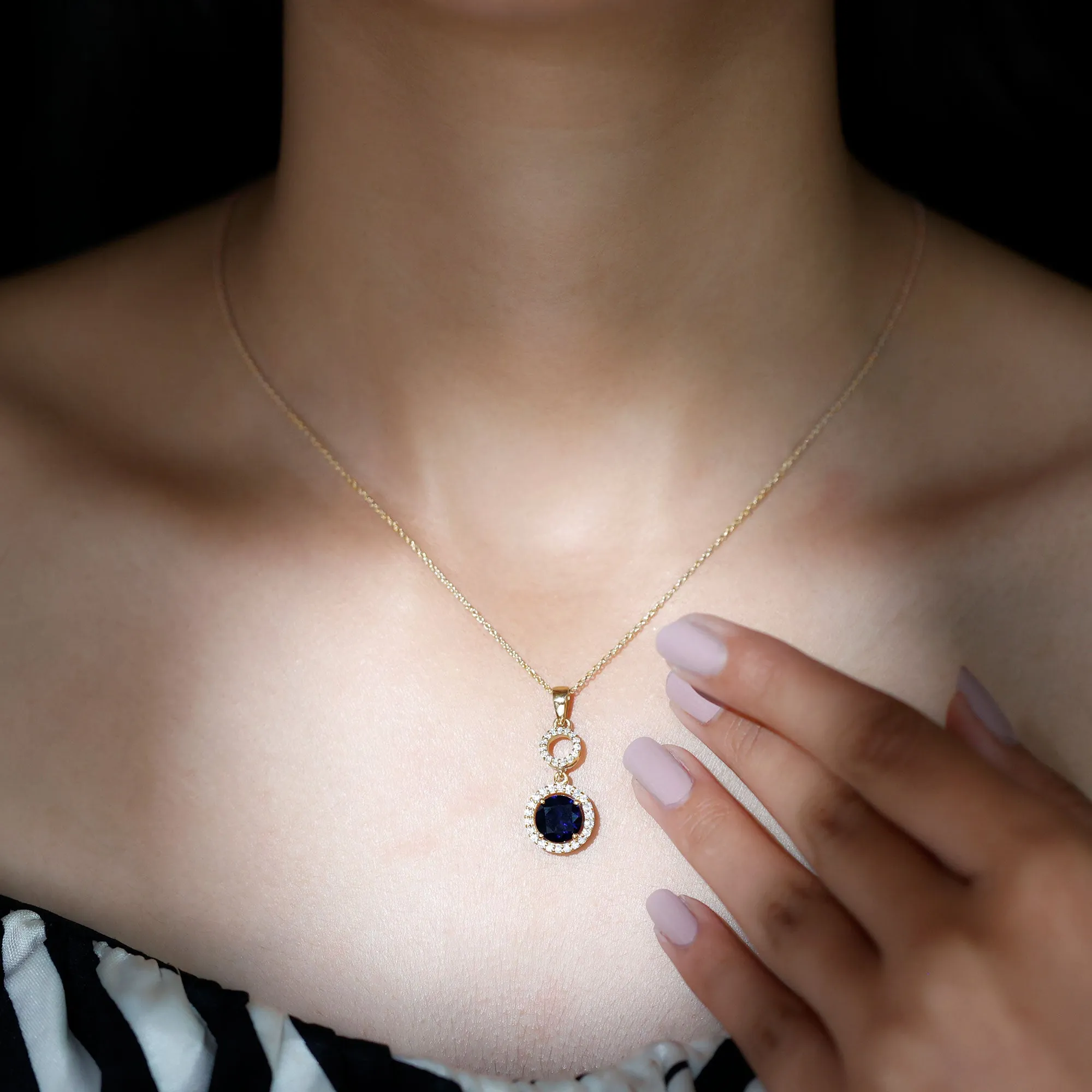 Lab-Created Blue Sapphire Halo Dangle Pendant with Moissanite