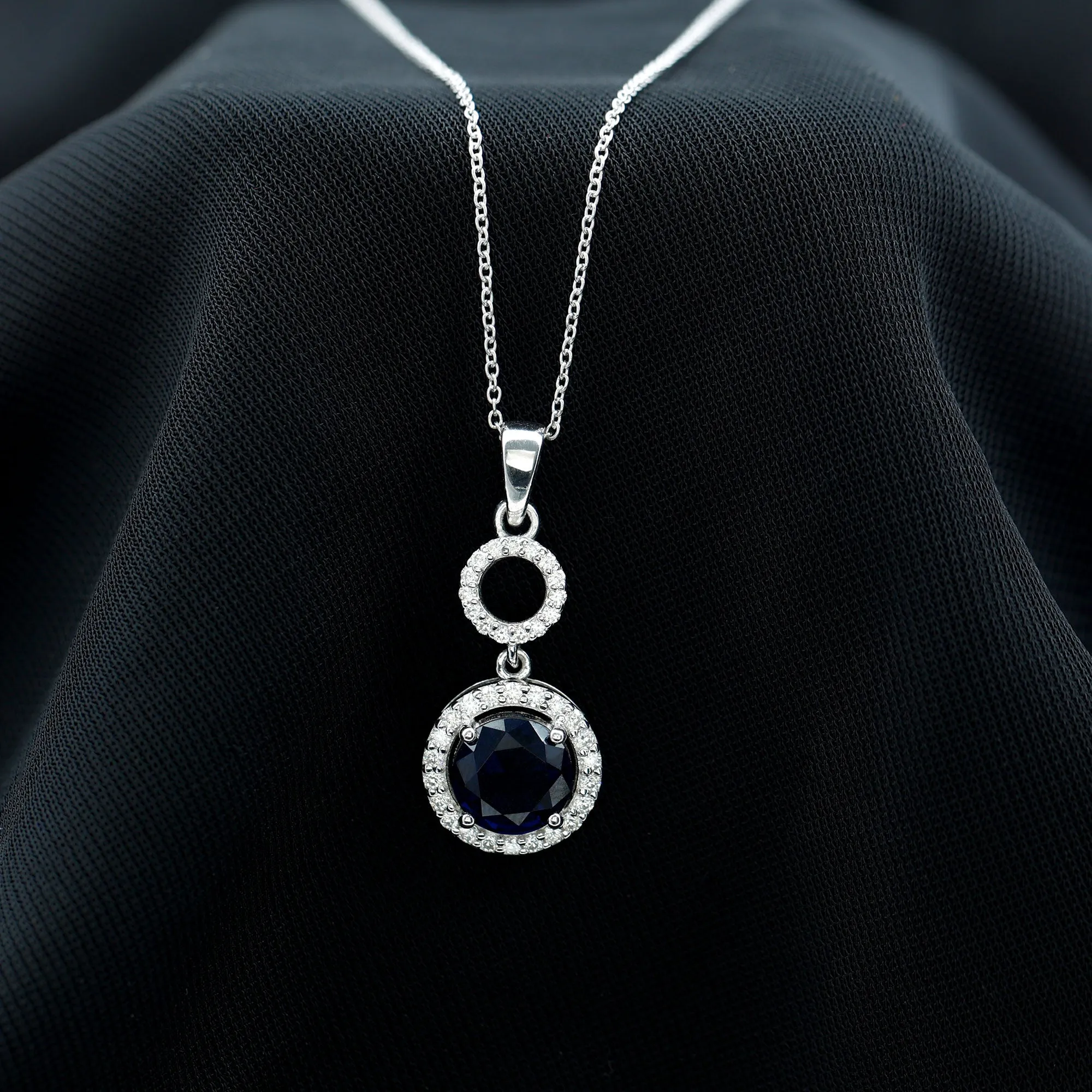 Lab-Created Blue Sapphire Halo Dangle Pendant with Moissanite
