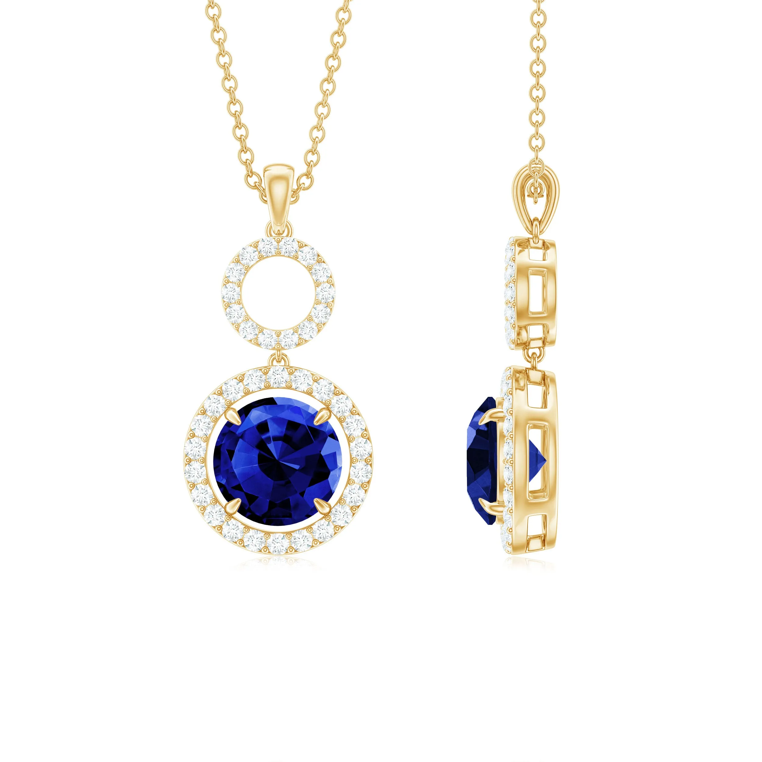 Lab-Created Blue Sapphire Halo Dangle Pendant with Moissanite