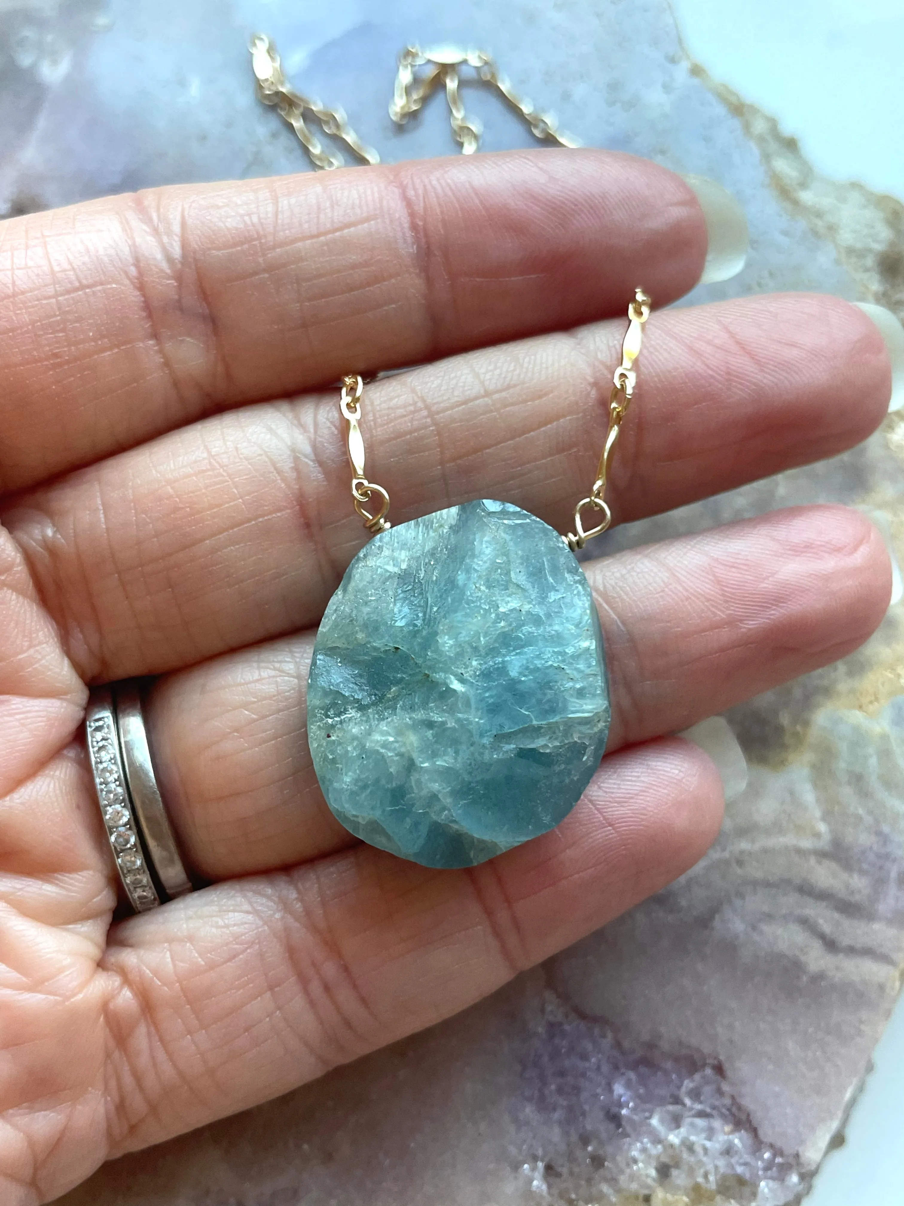 Large Raw Statement Aquamarine Necklace Gold Fill March Birthstone
