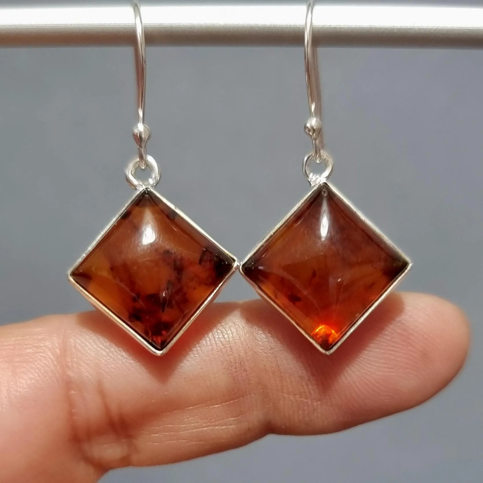 Large Rhombus Square Baltic Amber Dangle Sterling Silver Earrings, AMBE5