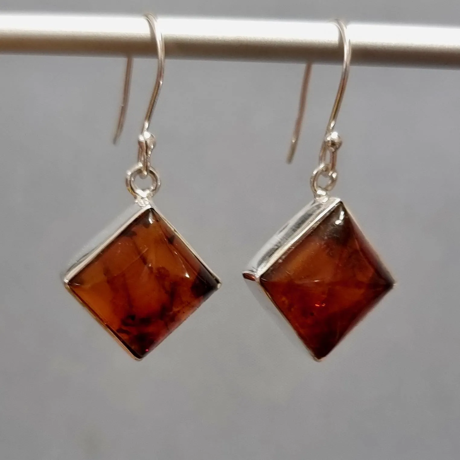 Large Rhombus Square Baltic Amber Dangle Sterling Silver Earrings, AMBE5