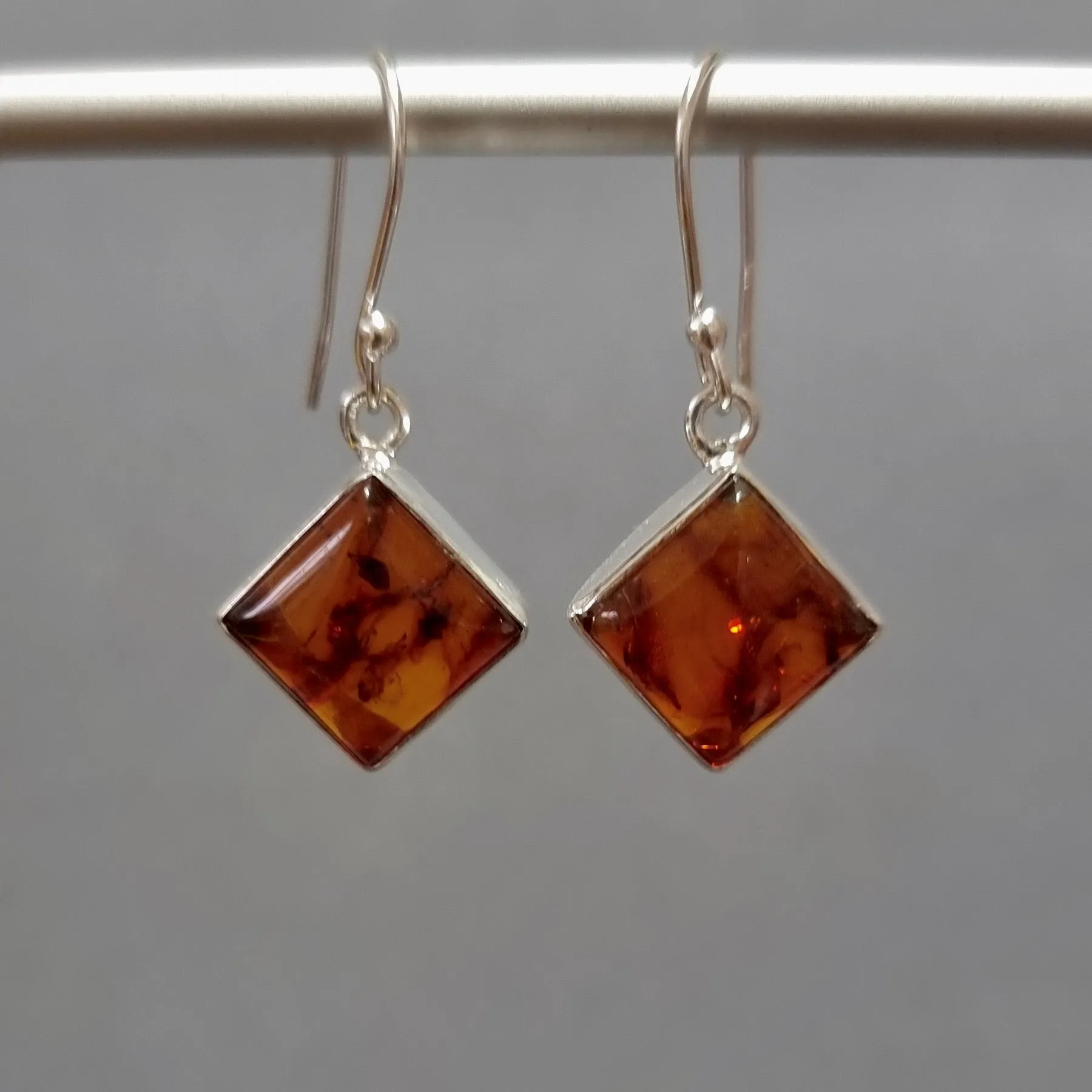 Large Rhombus Square Baltic Amber Dangle Sterling Silver Earrings, AMBE5