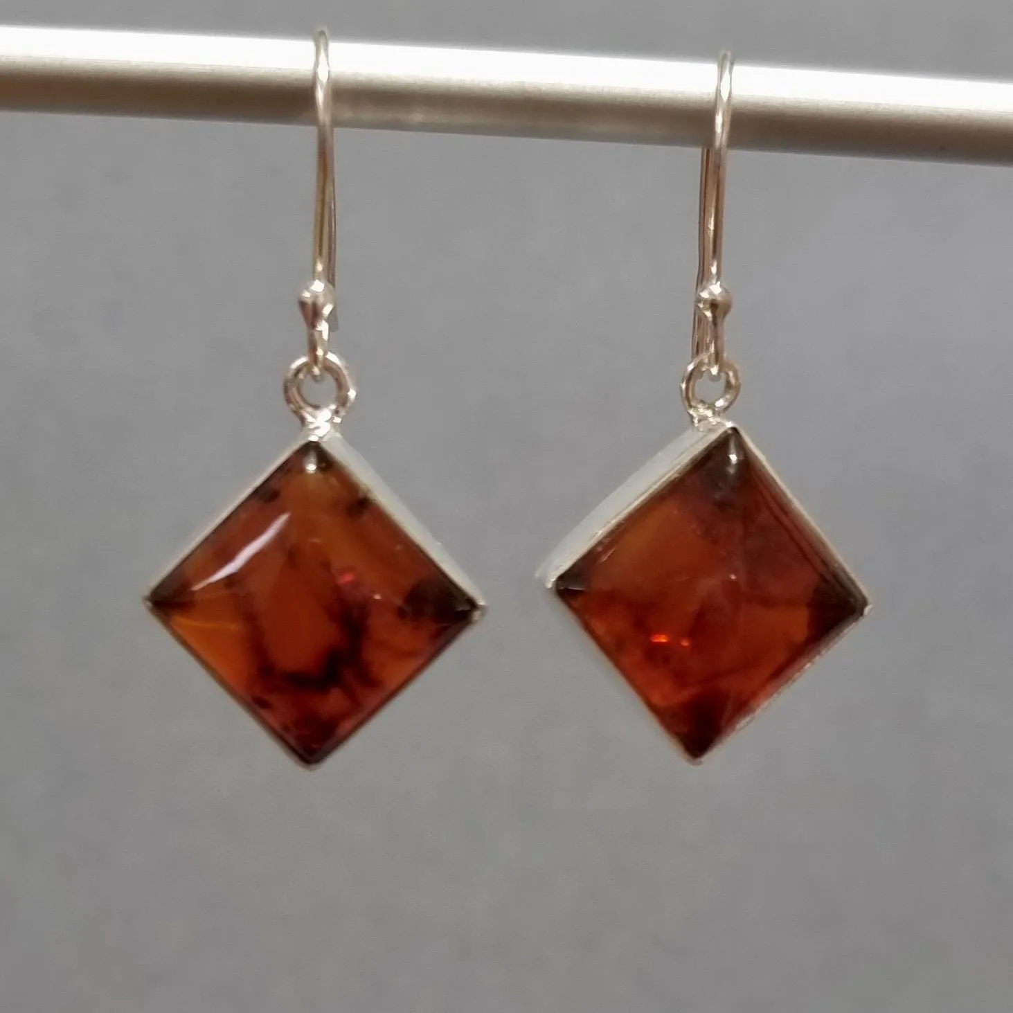 Large Rhombus Square Baltic Amber Dangle Sterling Silver Earrings, AMBE5