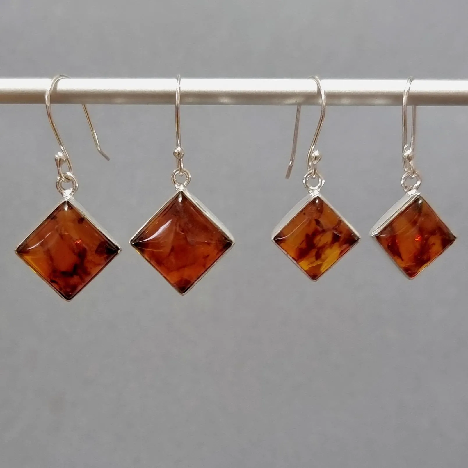 Large Rhombus Square Baltic Amber Dangle Sterling Silver Earrings, AMBE5