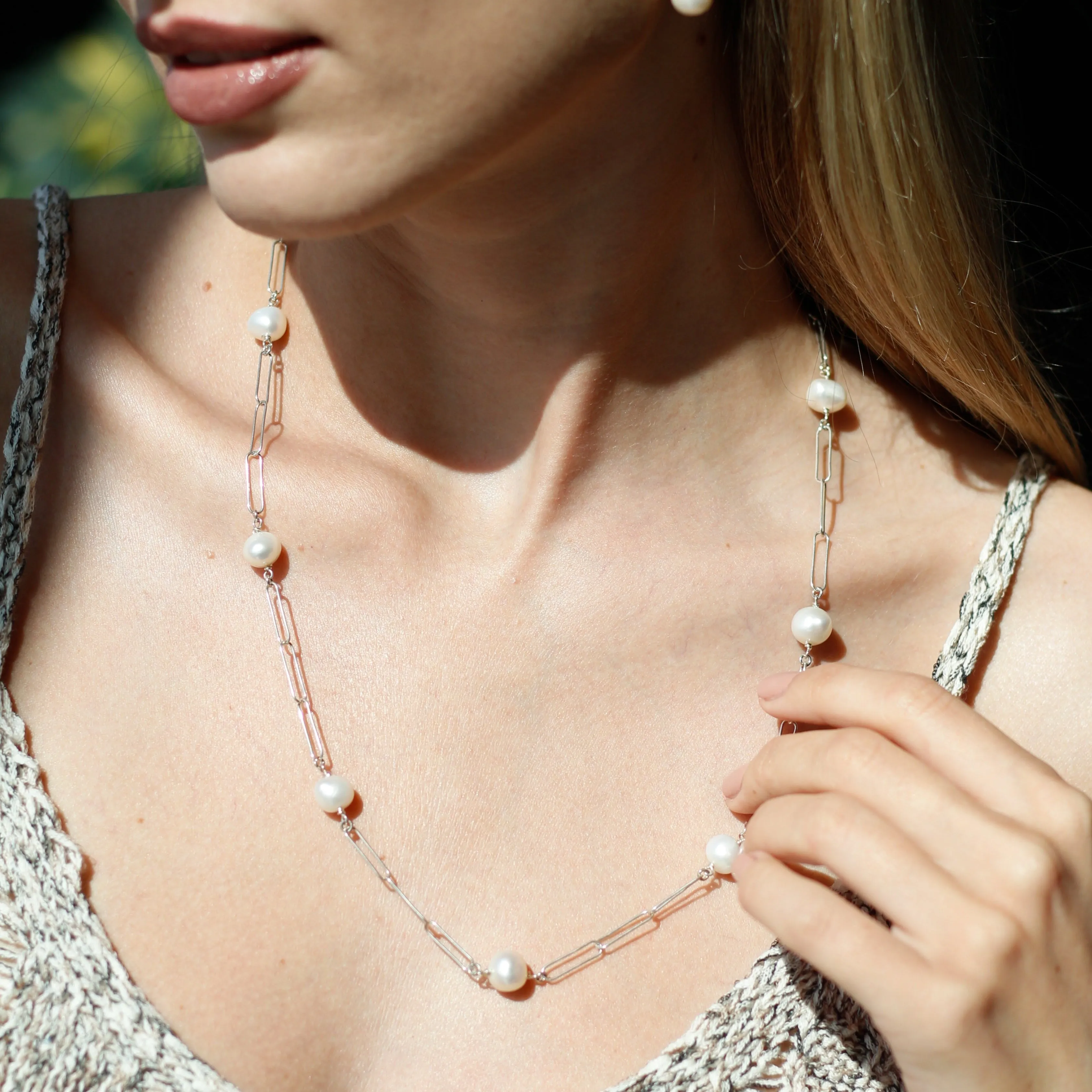 Long Pearl Bold Link Chain Necklace