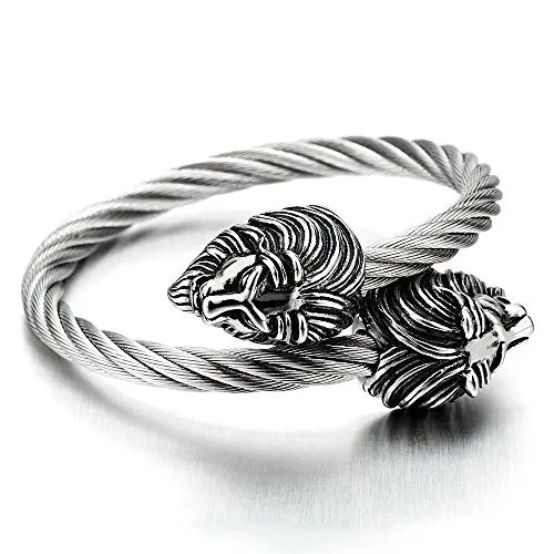 Mens Elastic Adjustable Lion Head Bangle Bracelet Stainless Steel Cuff Bracelet