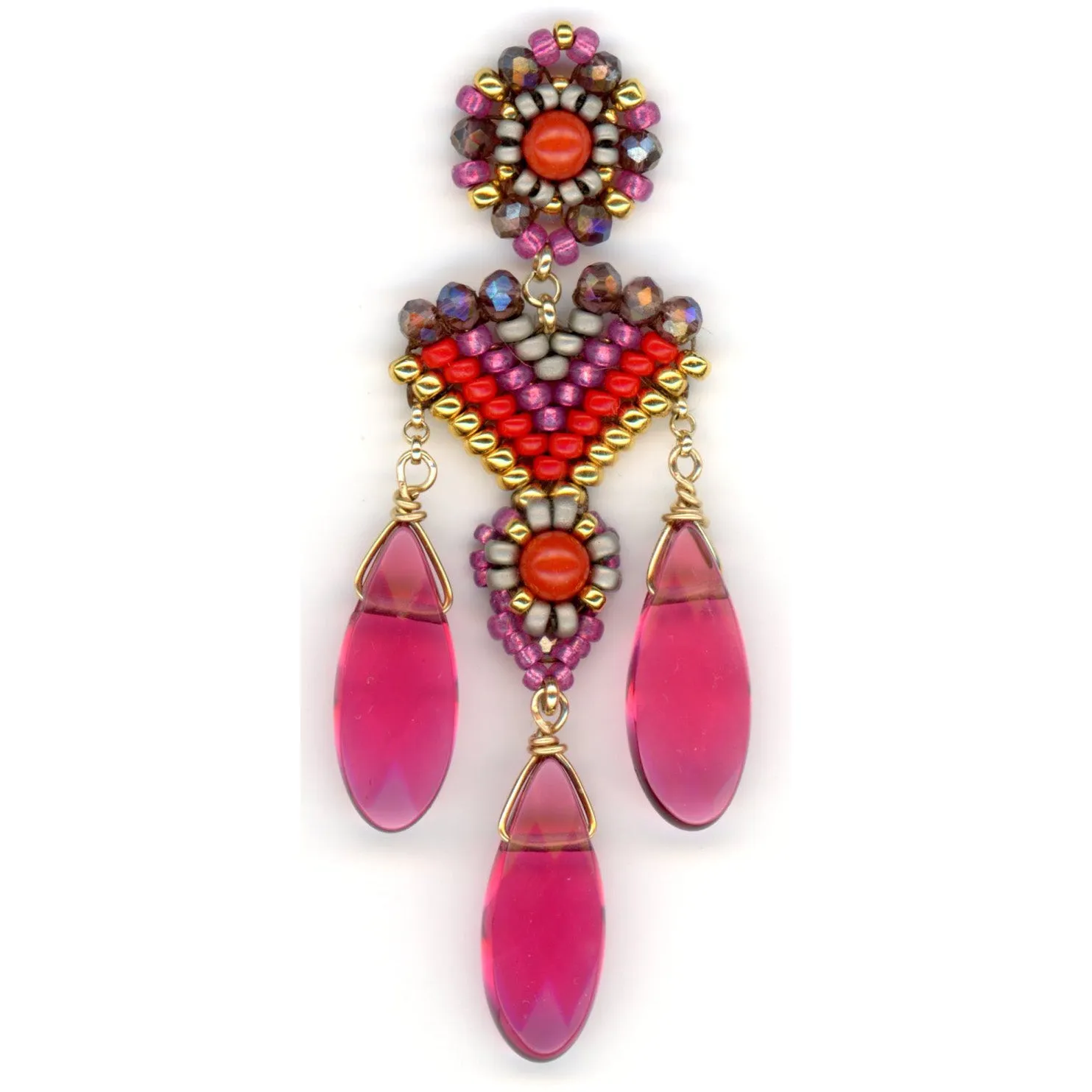 MIGUEL ASES THREE TEARDROP  CORAL CHANDELIER EARRINGS