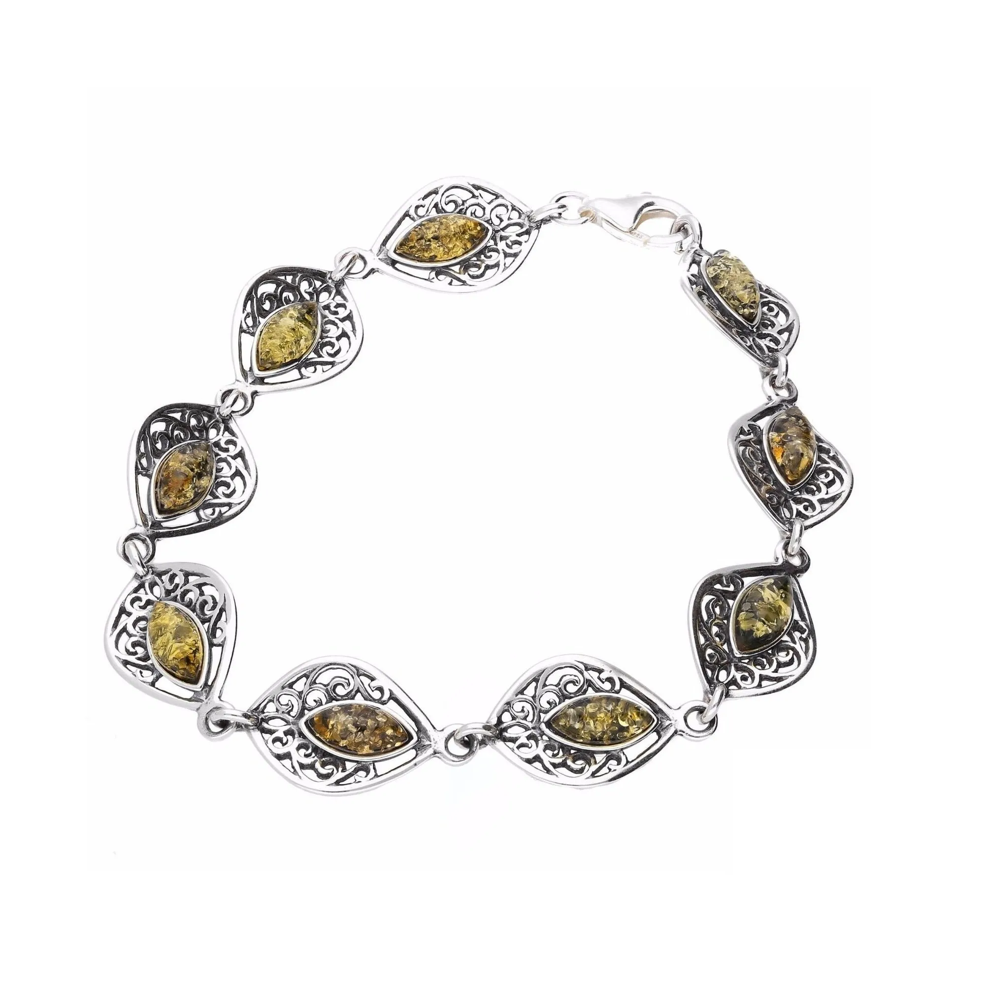 MILENA Bracelet Silver and Green Baltic Amber - Vintage Style