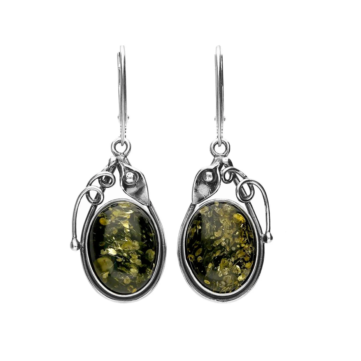 MILENA Drop Earrings Silver and Green Amber Antique Style