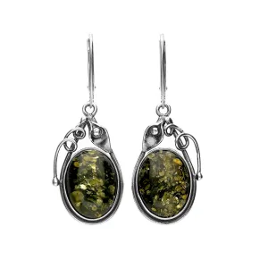 MILENA Drop Earrings Silver and Green Amber Antique Style