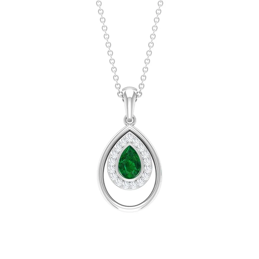 Minimal Emerald Teardrop Pendant with Diamond Halo
