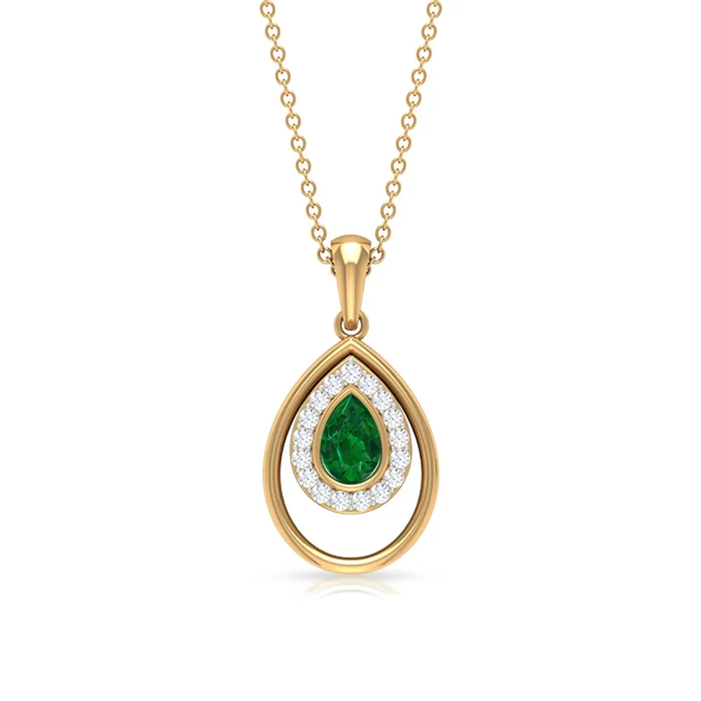 Minimal Emerald Teardrop Pendant with Diamond Halo