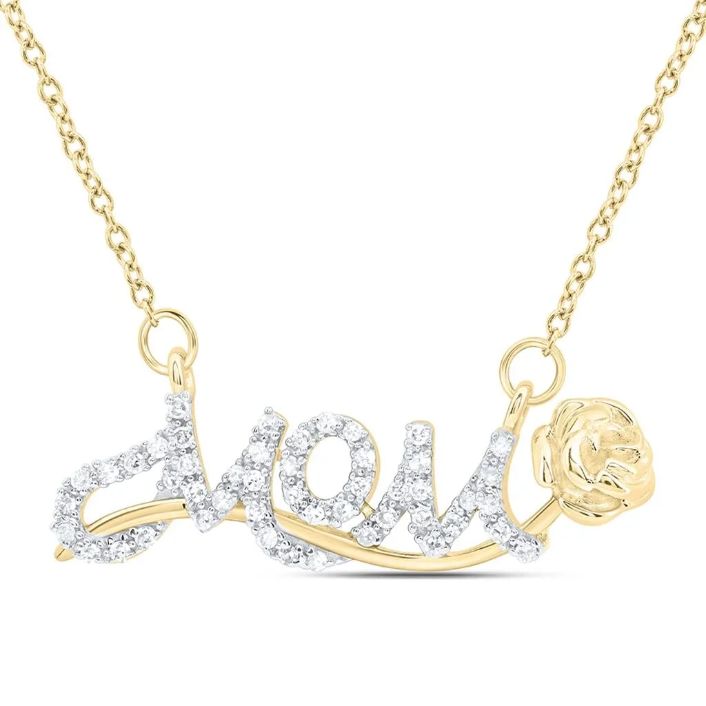 Mom Rose Diamond Pendant Charm Necklace 10K Gold