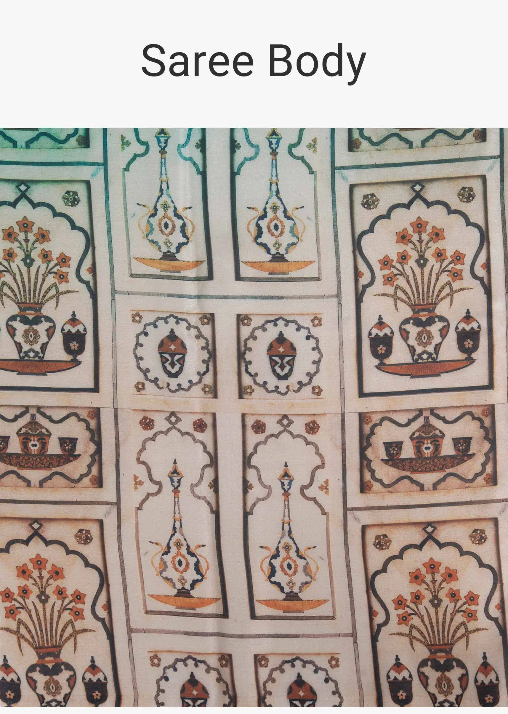 Multi color satin printed saree in tribal print  only on Kalki