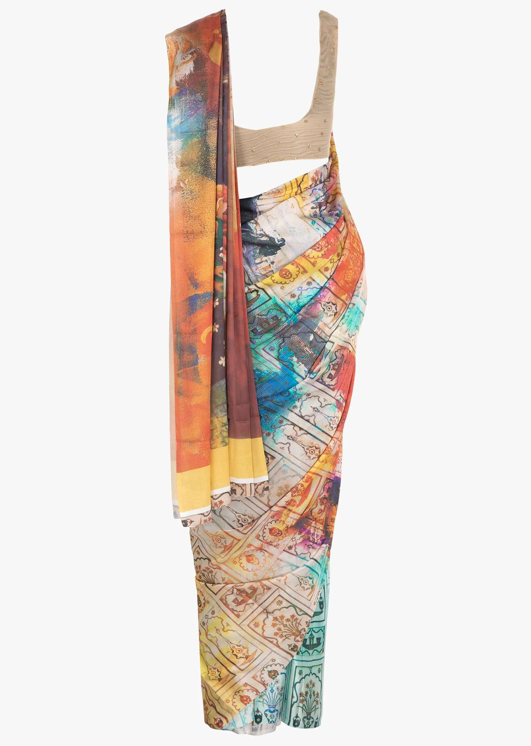 Multi color satin printed saree in tribal print  only on Kalki