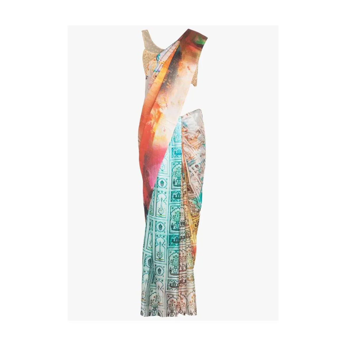 Multi color satin printed saree in tribal print  only on Kalki