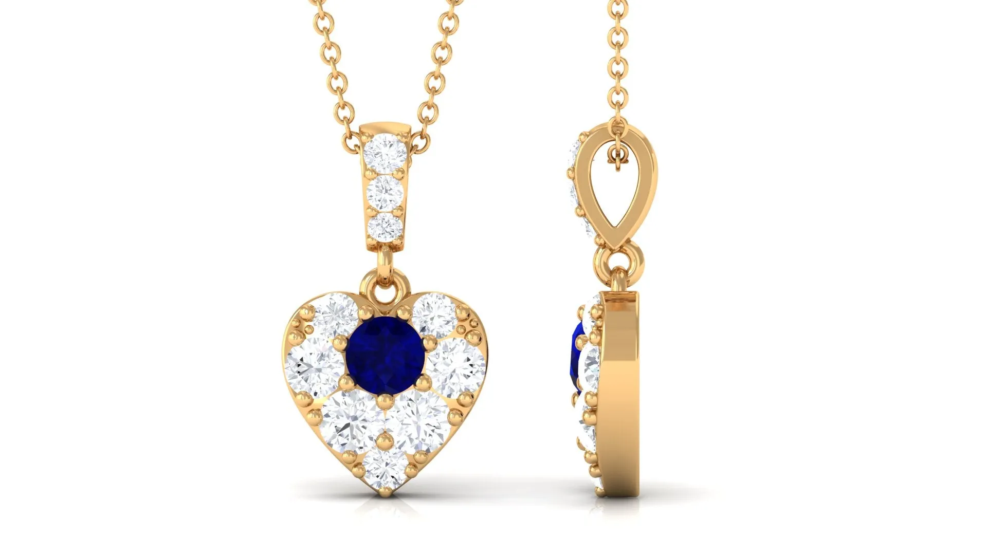 Natural Blue Sapphire and Moissanite Heart Pendant Necklace