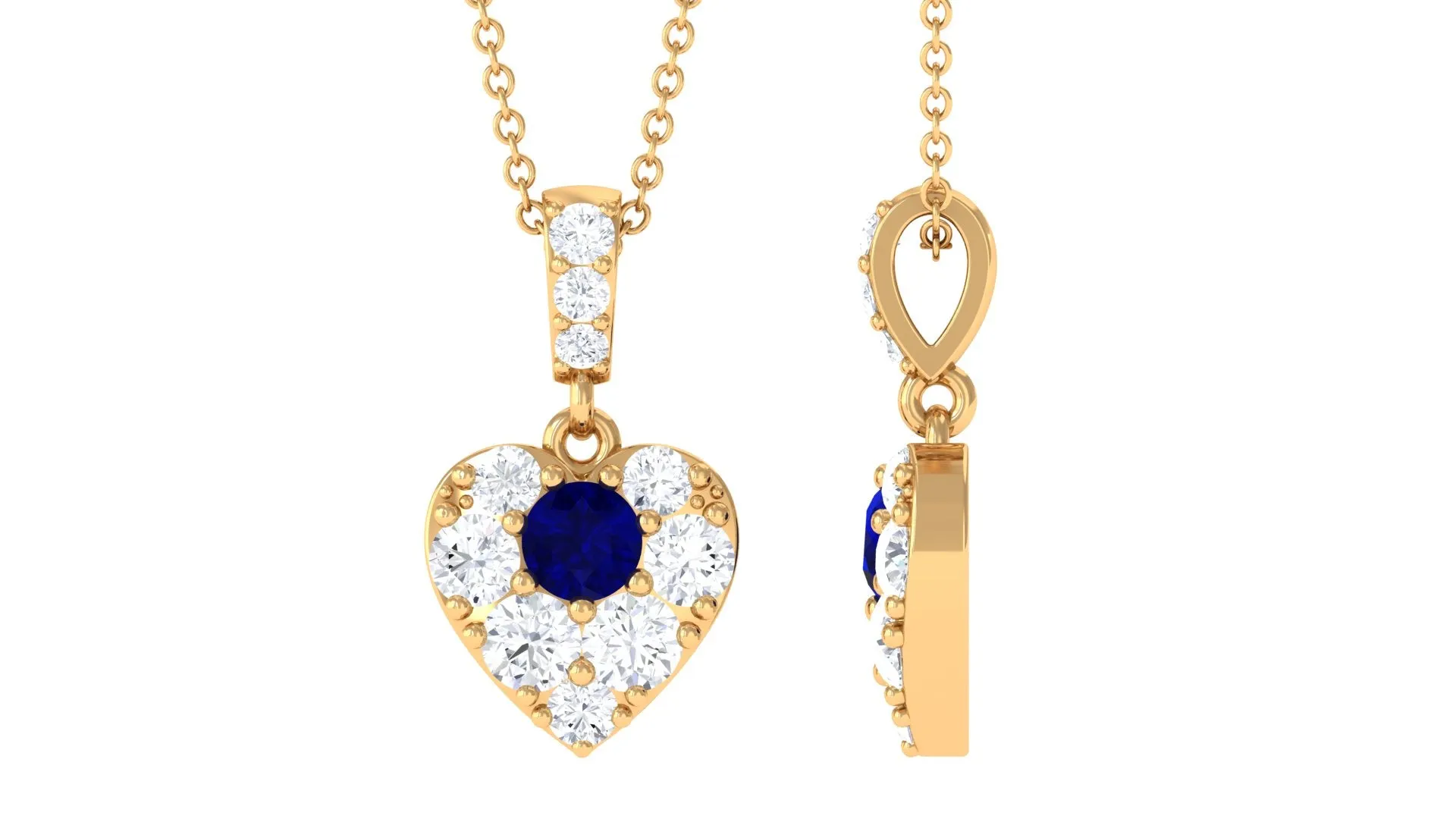 Natural Blue Sapphire and Moissanite Heart Pendant Necklace