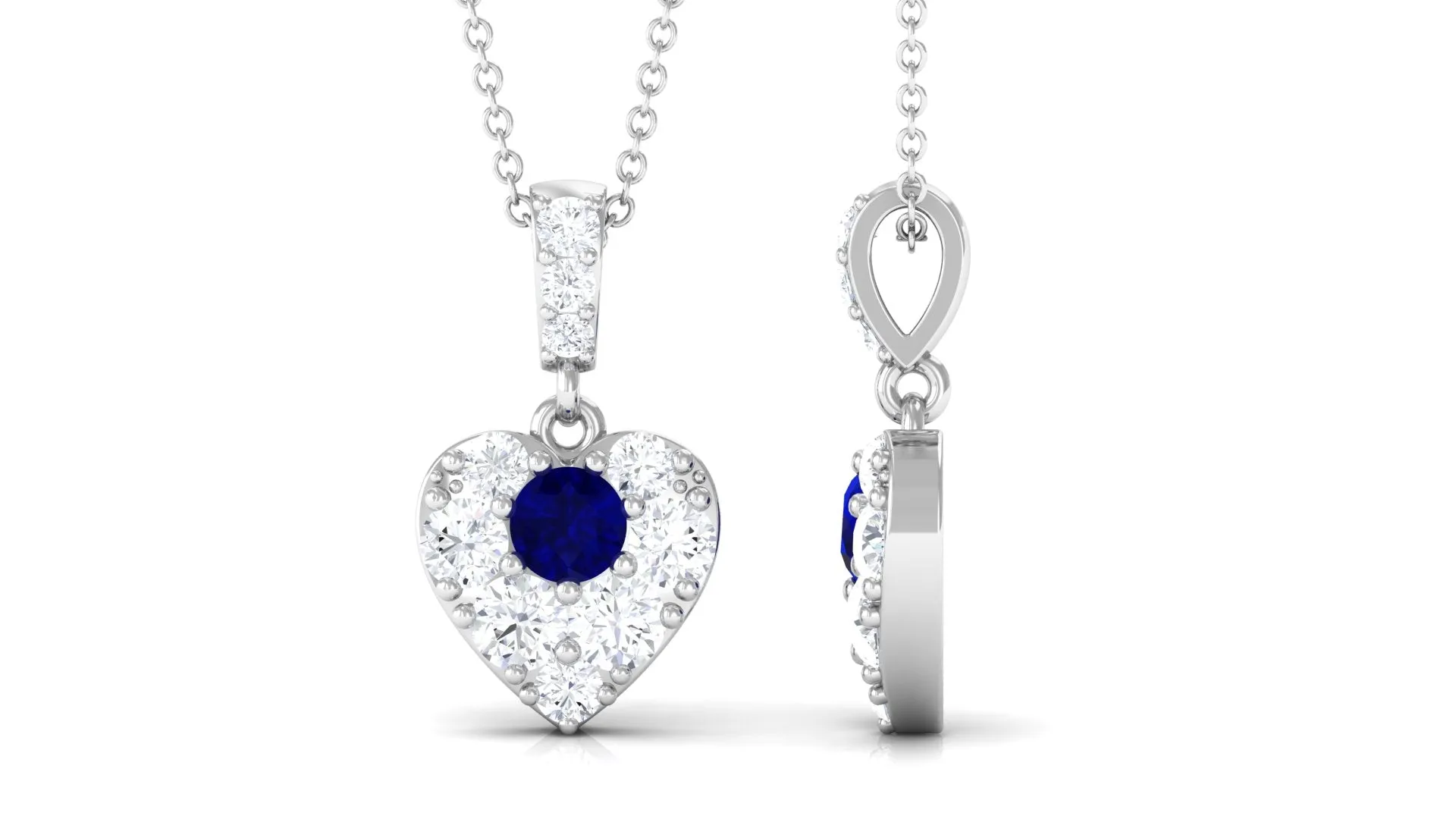 Natural Blue Sapphire and Moissanite Heart Pendant Necklace