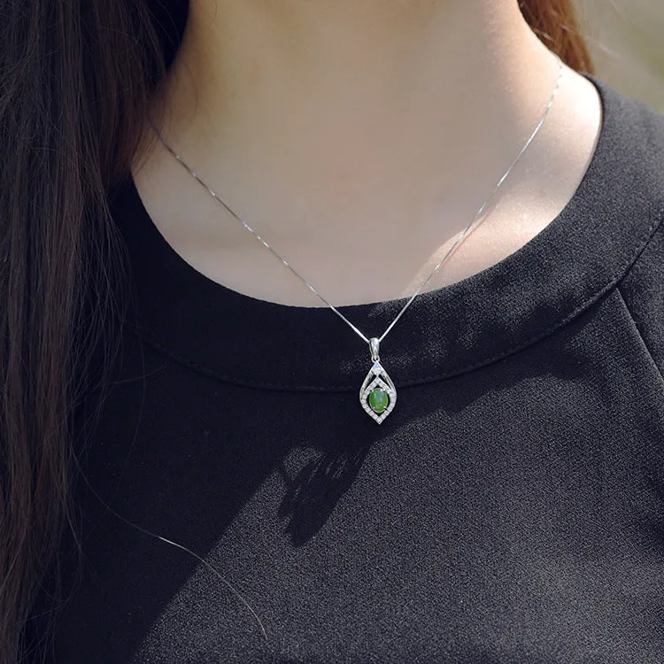 Natural Jade Pendant Nephrite Silver Zircon Pendant ZPT164