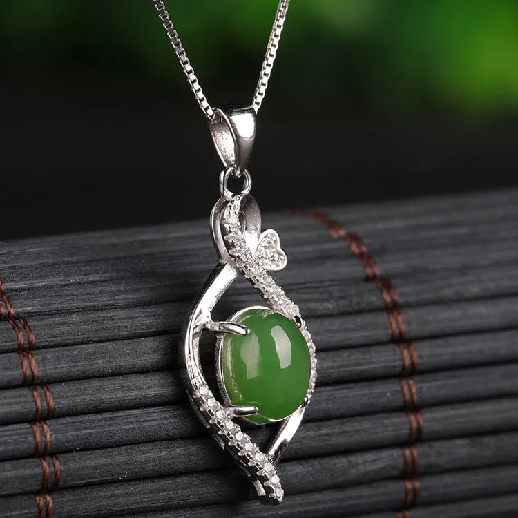 Natural Jade Pendant Nephrite Silver Zircon Pendant ZPT199
