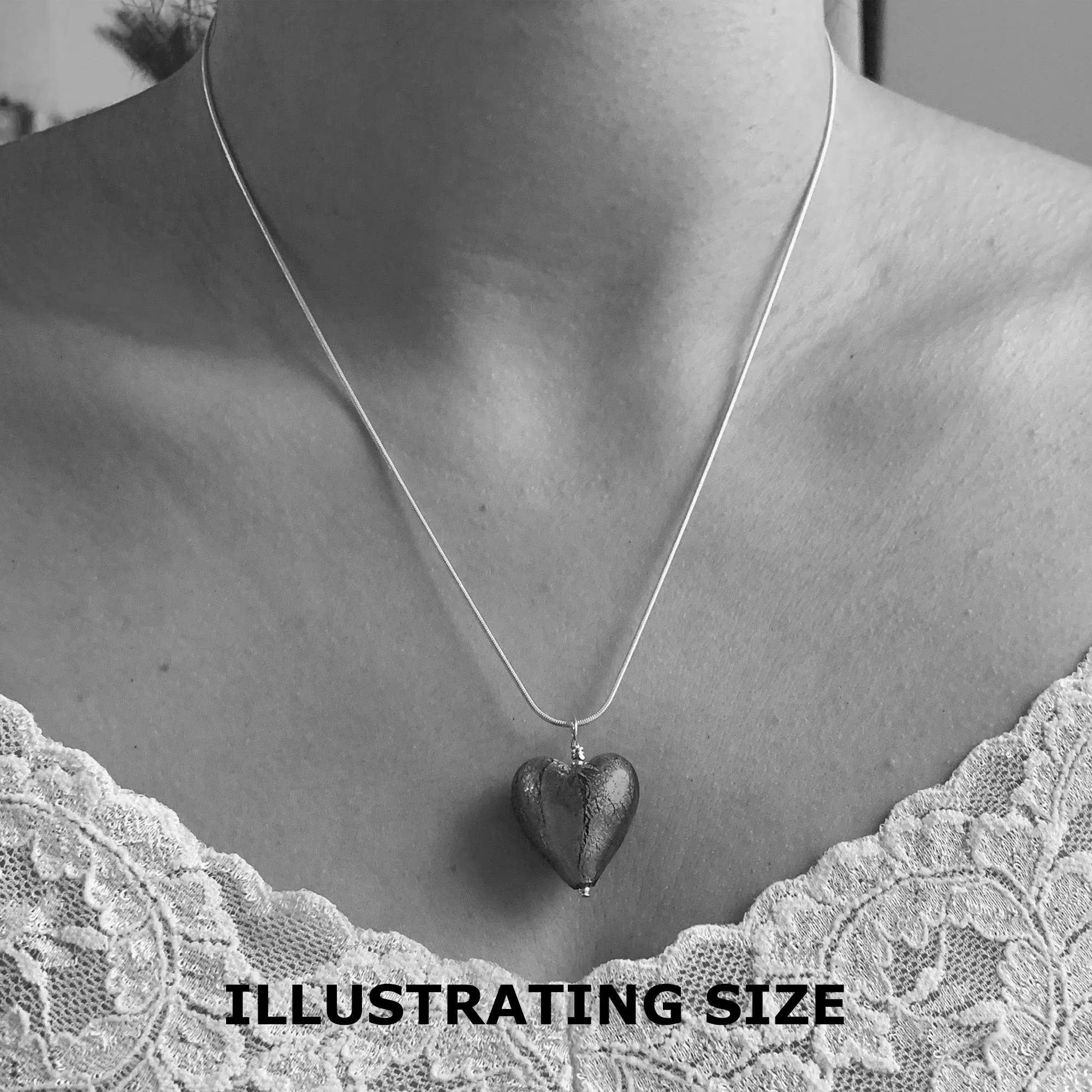 Necklace with aqua (blue) and silver Murano glass medium heart pendant on silver chain