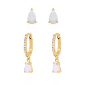 Opal Earring Gift Set | Huggie Hoops & Stud Earrings | 18k Gold Plated