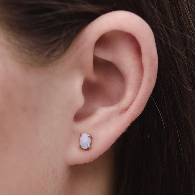 Oval Stud, White Opal, 9kt Yellow Gold