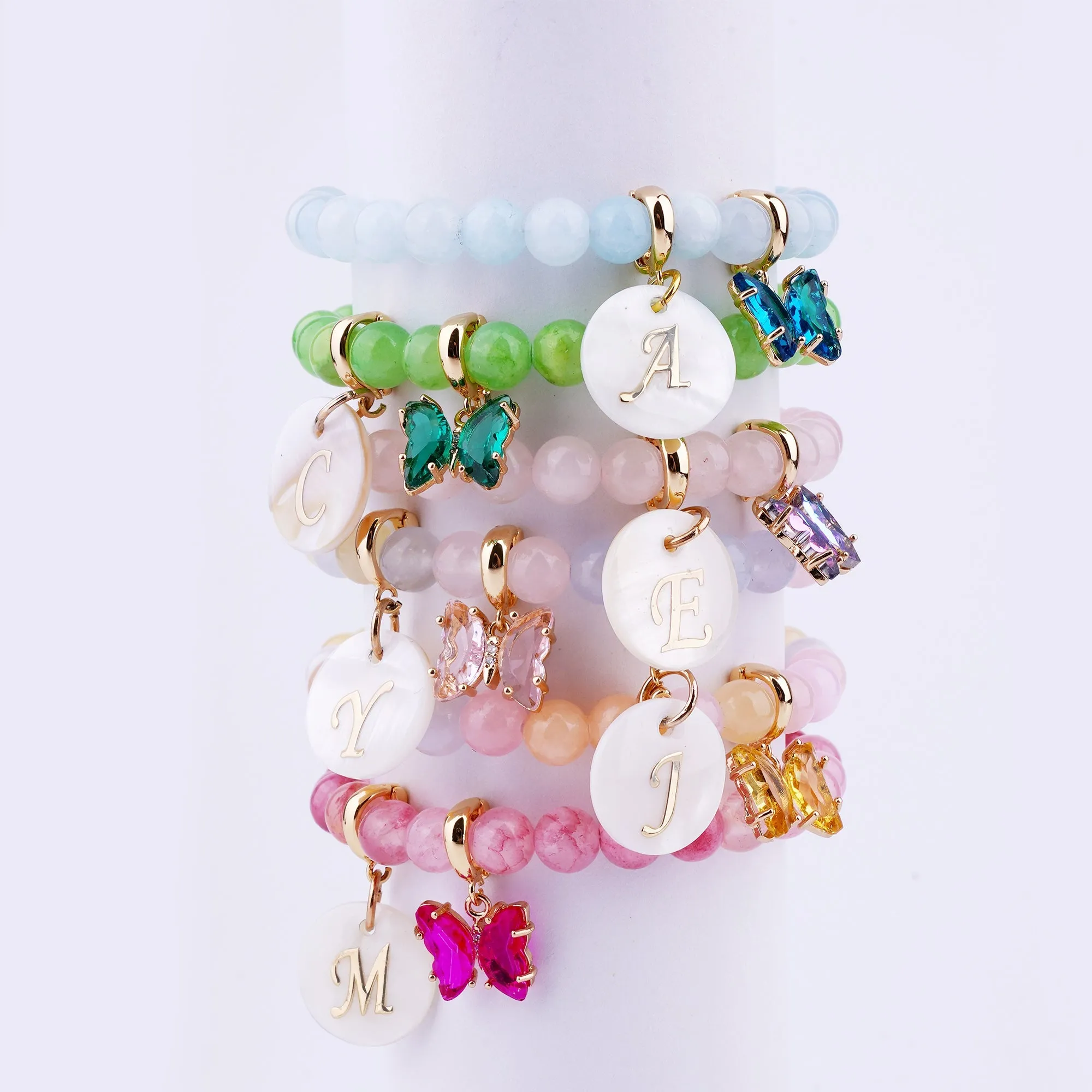 Pastel Rainbow Jade Baby Initial and Birthstone Gemstone Bracelet