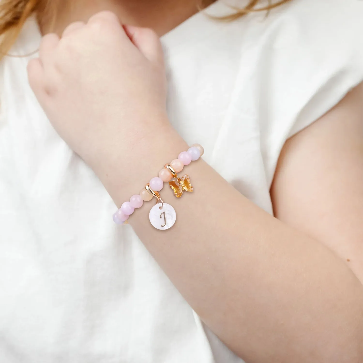 Pastel Rainbow Jade Baby Initial and Birthstone Gemstone Bracelet