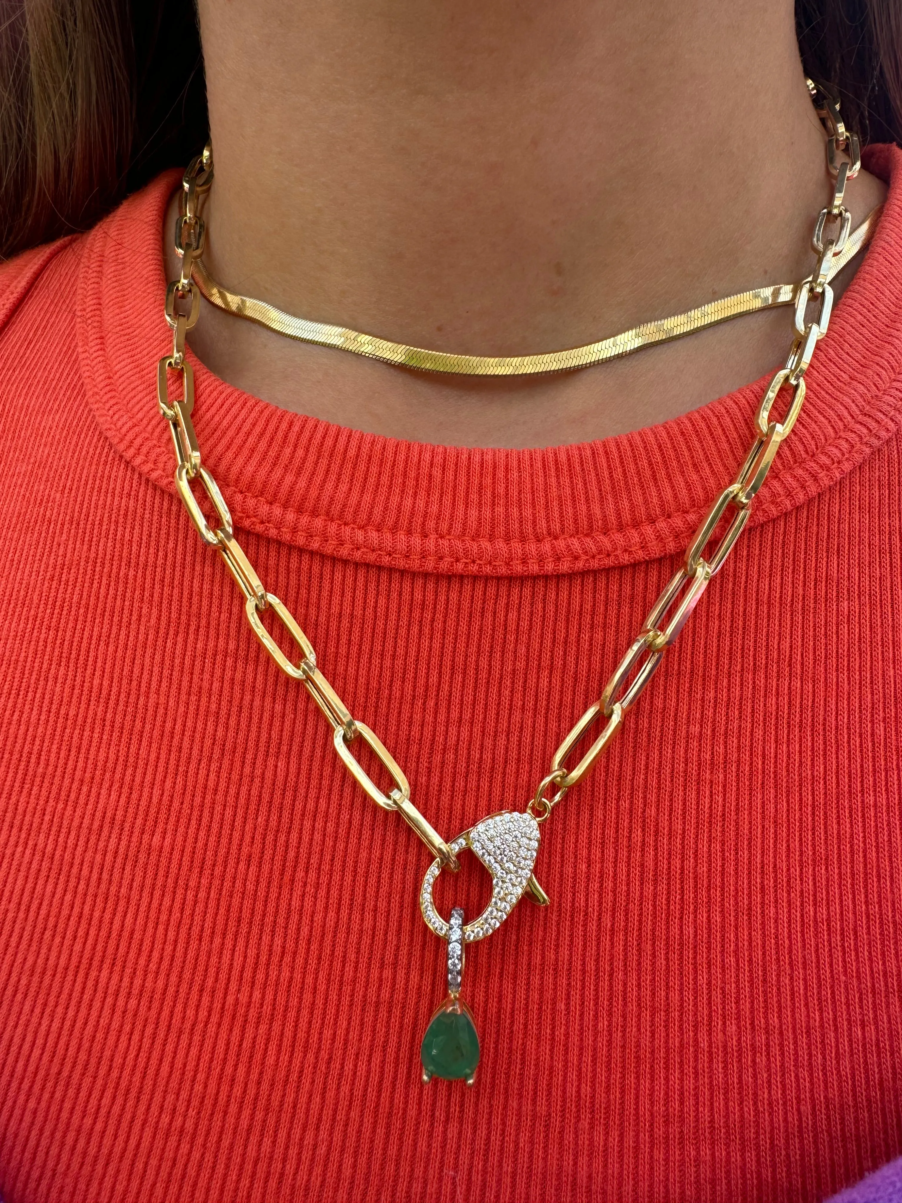 Pave lock necklace with pear emerald charm