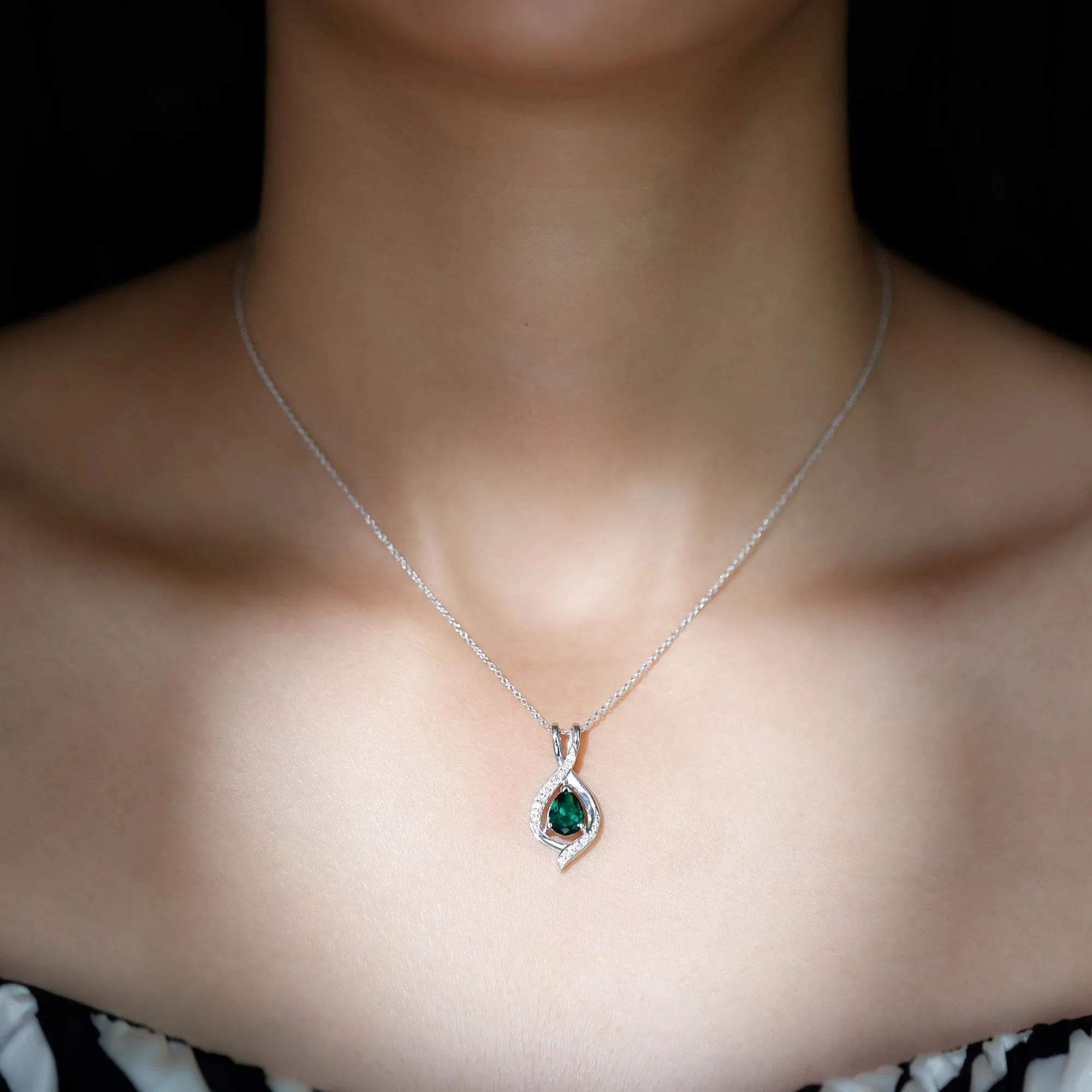 Pear Cut Created Emerald Teardrop Pendant with Moissanite Accent