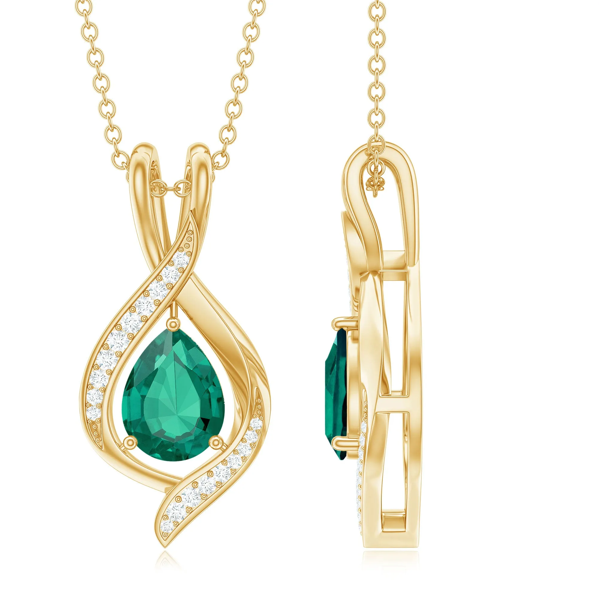 Pear Cut Created Emerald Teardrop Pendant with Moissanite Accent