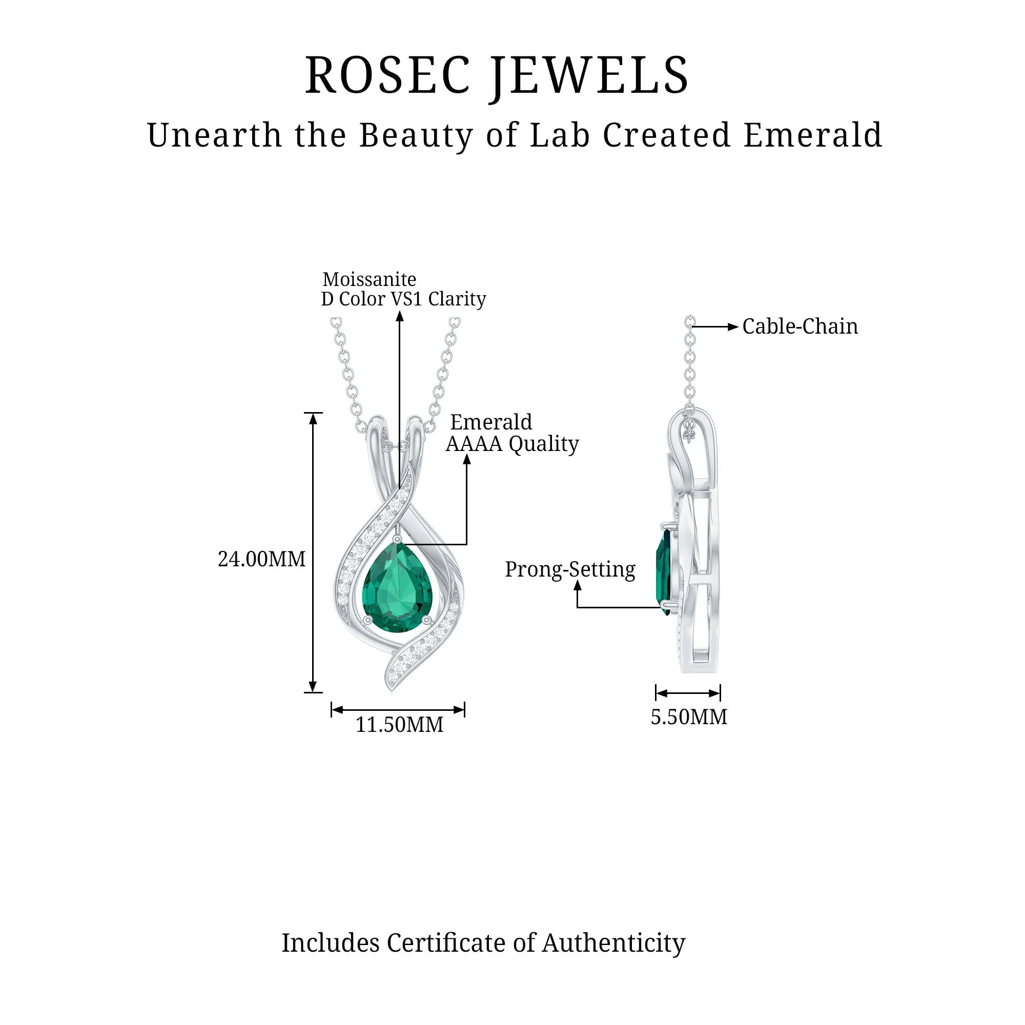 Pear Cut Created Emerald Teardrop Pendant with Moissanite Accent