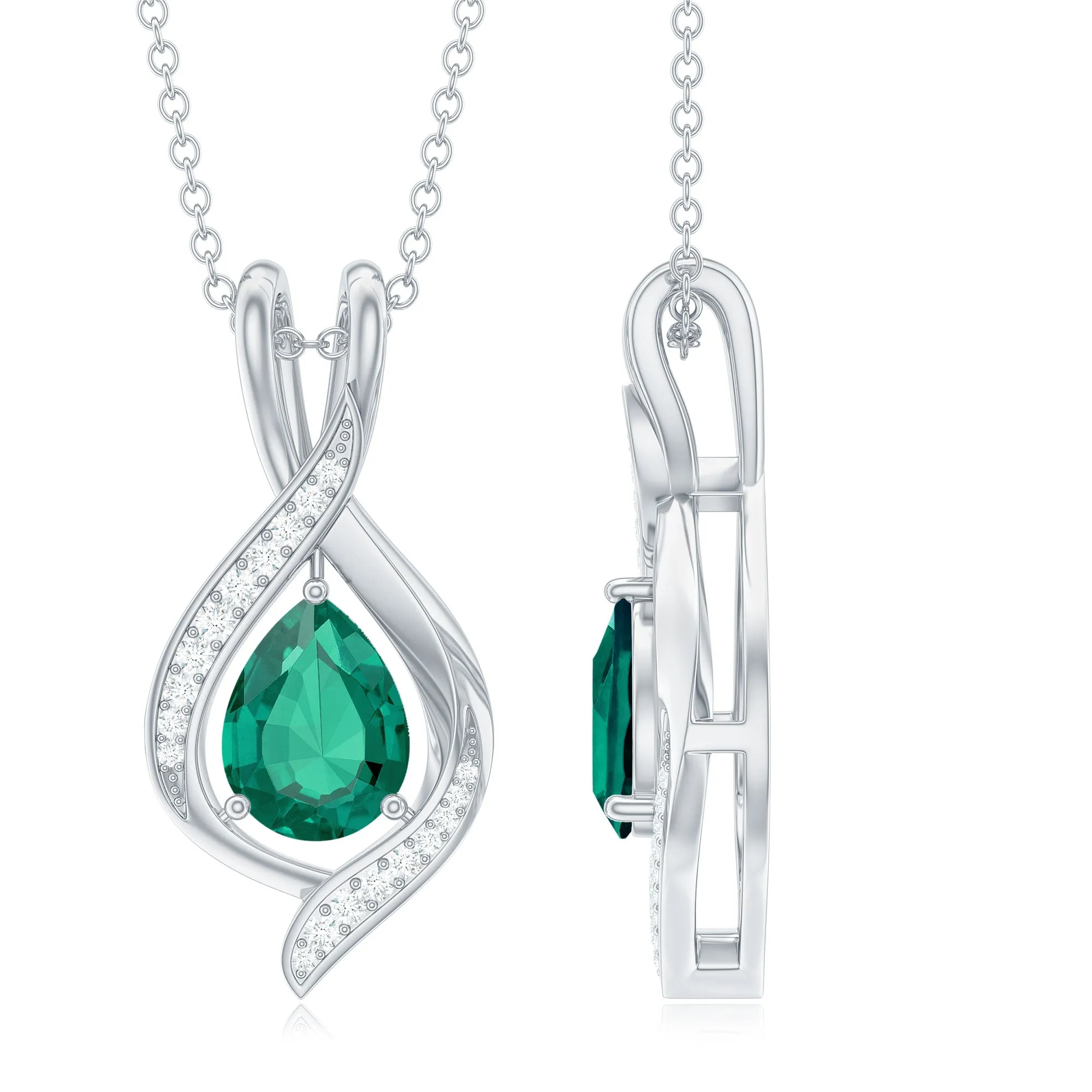 Pear Cut Created Emerald Teardrop Pendant with Moissanite Accent