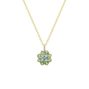 Petite Statement Mint Tourmaline Flower Pendant Necklace with Aquamarine Center