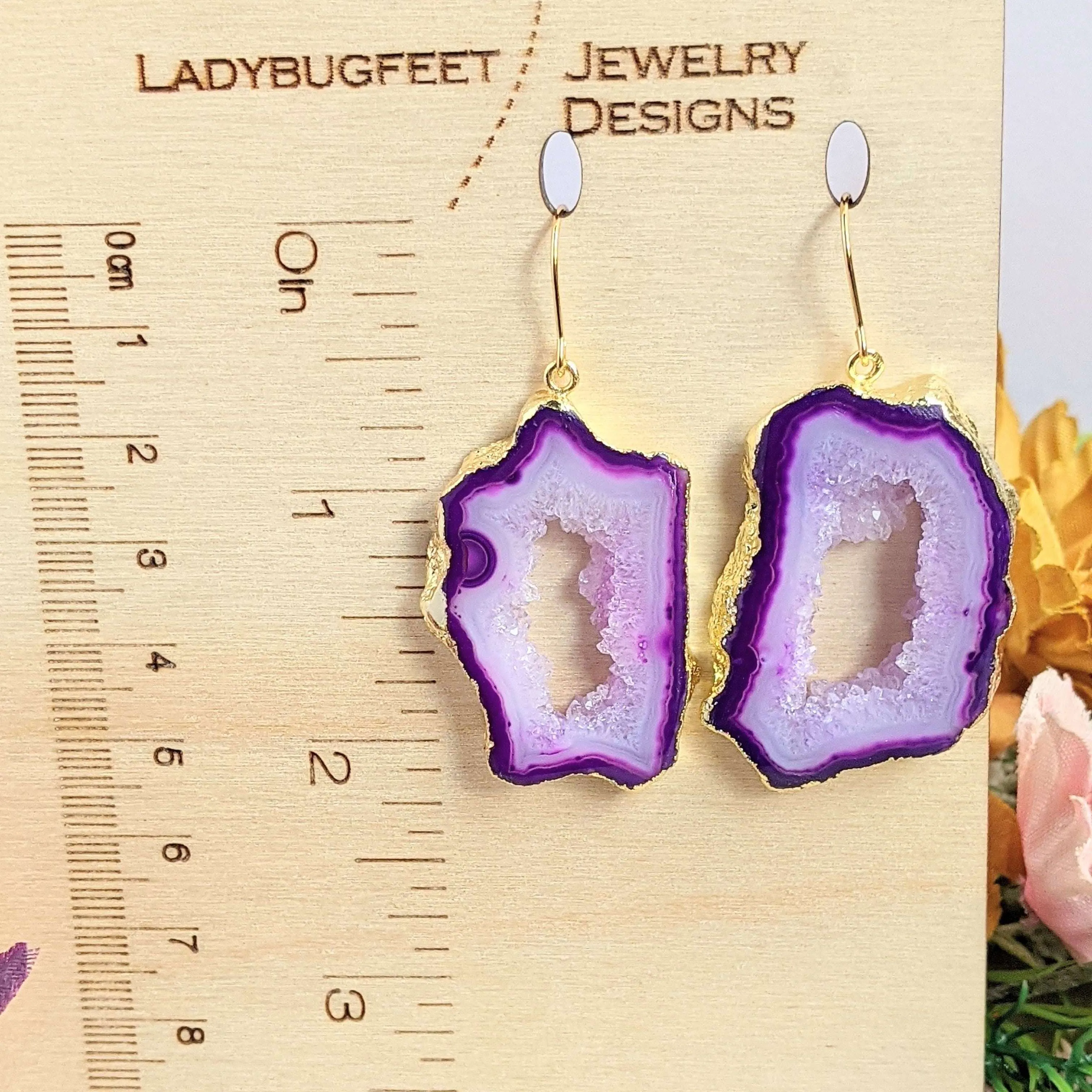 Purple Agate Geode Gemstone Slice Earrings-Gold