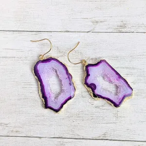 Purple Agate Geode Gemstone Slice Earrings-Gold