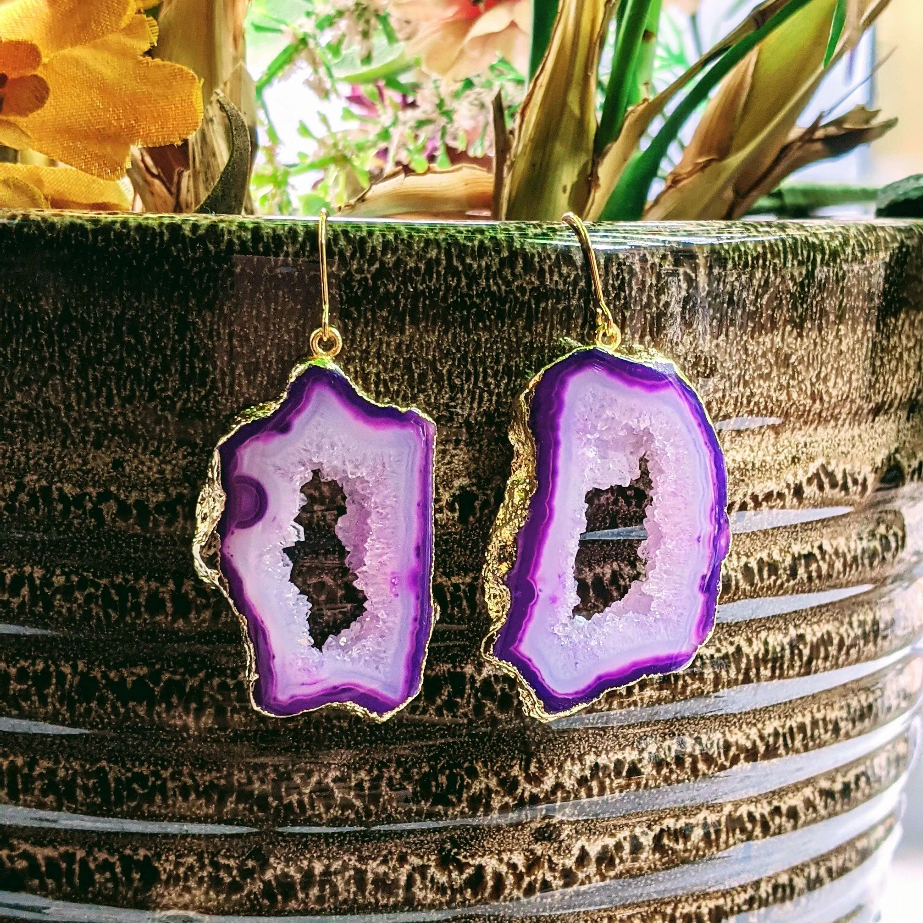 Purple Agate Geode Gemstone Slice Earrings-Gold