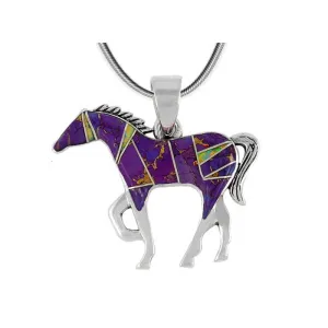 Purple Turquoise Inlay Horse Pendant Necklace