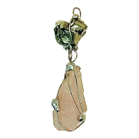 Raw Pink Quartz & Pyrite Natural Gemstones Pendant Caged in Boho Matalwork