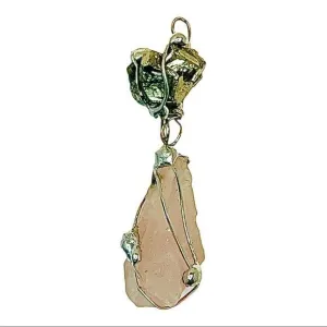 Raw Pink Quartz & Pyrite Natural Gemstones Pendant Caged in Boho Matalwork