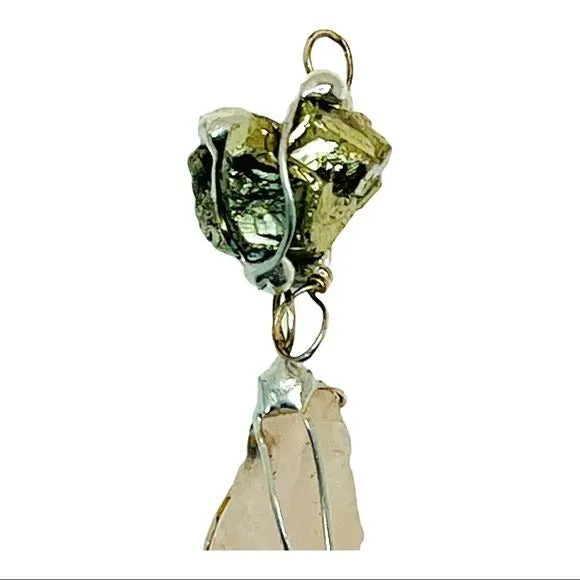 Raw Pink Quartz & Pyrite Natural Gemstones Pendant Caged in Boho Matalwork