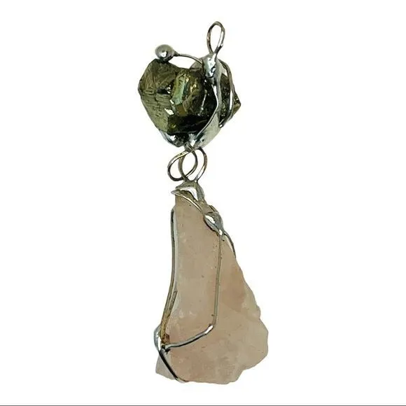 Raw Pink Quartz & Pyrite Natural Gemstones Pendant Caged in Boho Matalwork
