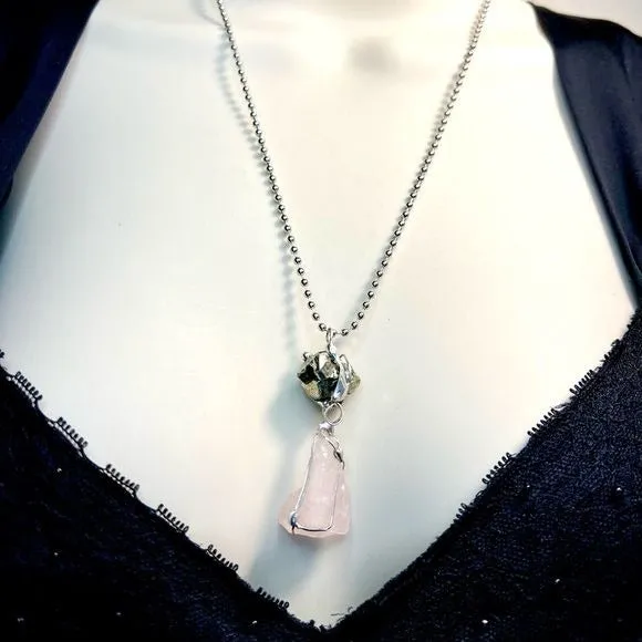 Raw Pink Quartz & Pyrite Natural Gemstones Pendant Caged in Boho Matalwork