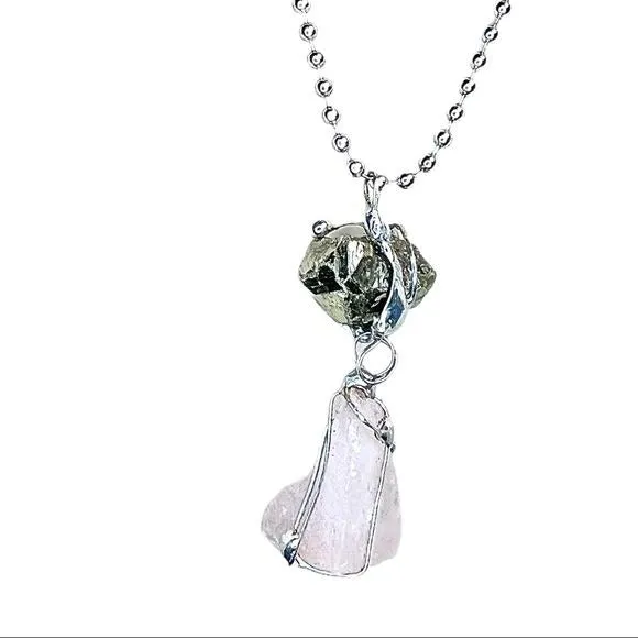 Raw Pink Quartz & Pyrite Natural Gemstones Pendant Caged in Boho Matalwork