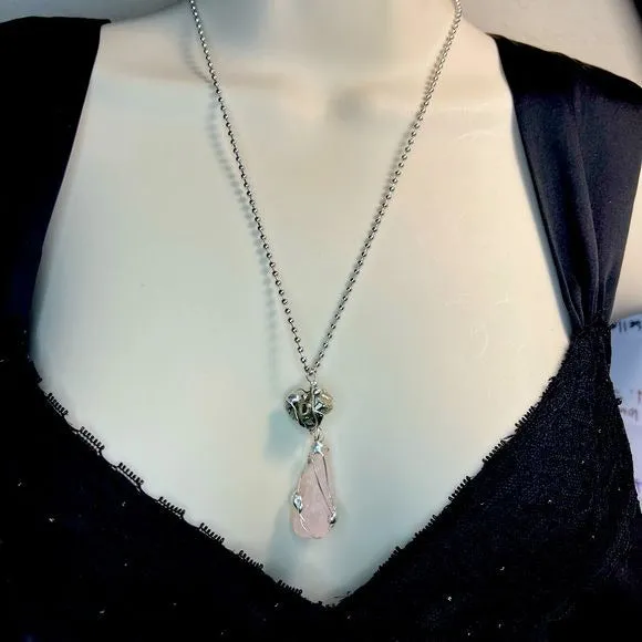 Raw Pink Quartz & Pyrite Natural Gemstones Pendant Caged in Boho Matalwork