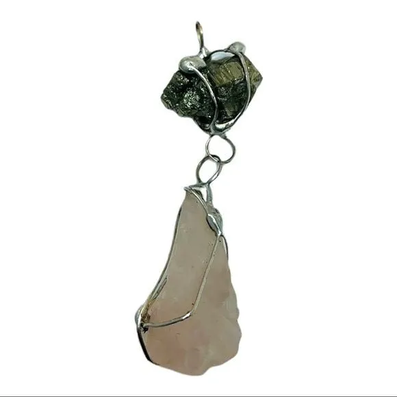 Raw Pink Quartz & Pyrite Natural Gemstones Pendant Caged in Boho Matalwork