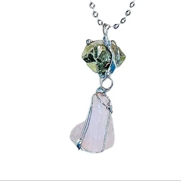 Raw Pink Quartz & Pyrite Natural Gemstones Pendant Caged in Boho Matalwork